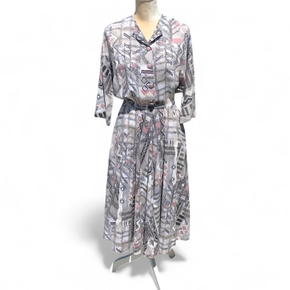 Vintage Handmade B&R Specialties Gray & Pink Geometric Dress | Size 10 - Picture 1 of 9